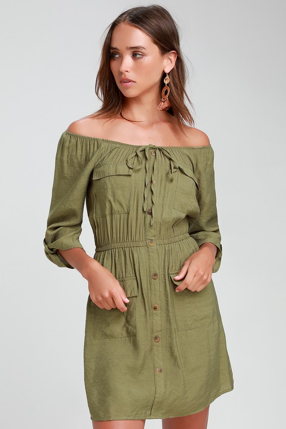Cute Olive Green Dress - Button Front Dress - Off-the-Shoulder - Lulus