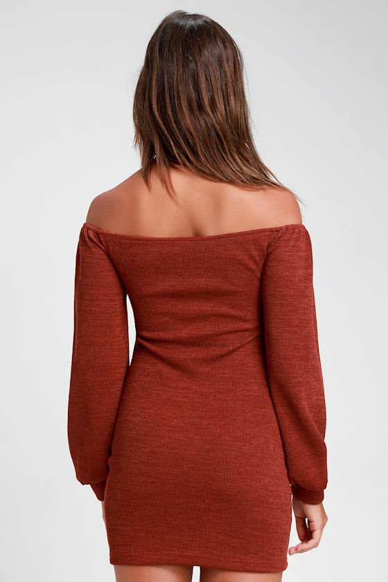 Aurinda Rust Orange Ruched Off-the-Shoulder Bodycon Dress 2