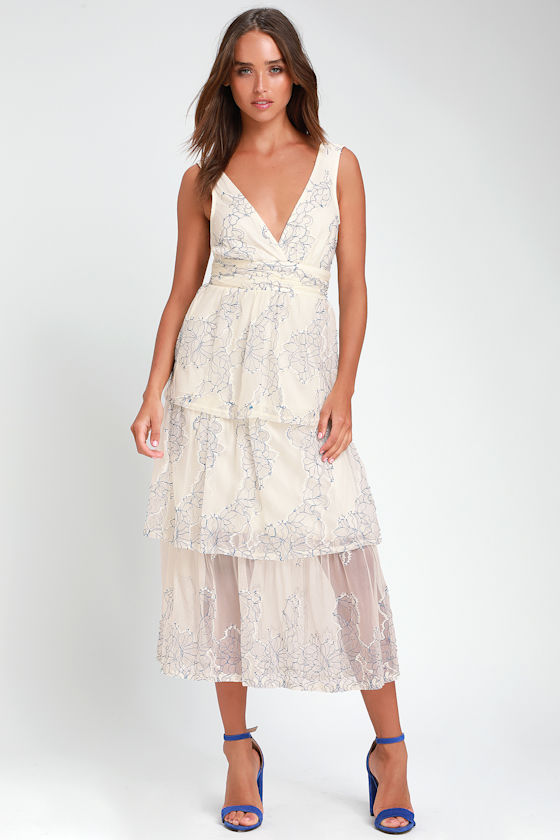 Viviana Blue and White Embroidered Lace Midi Dress 1