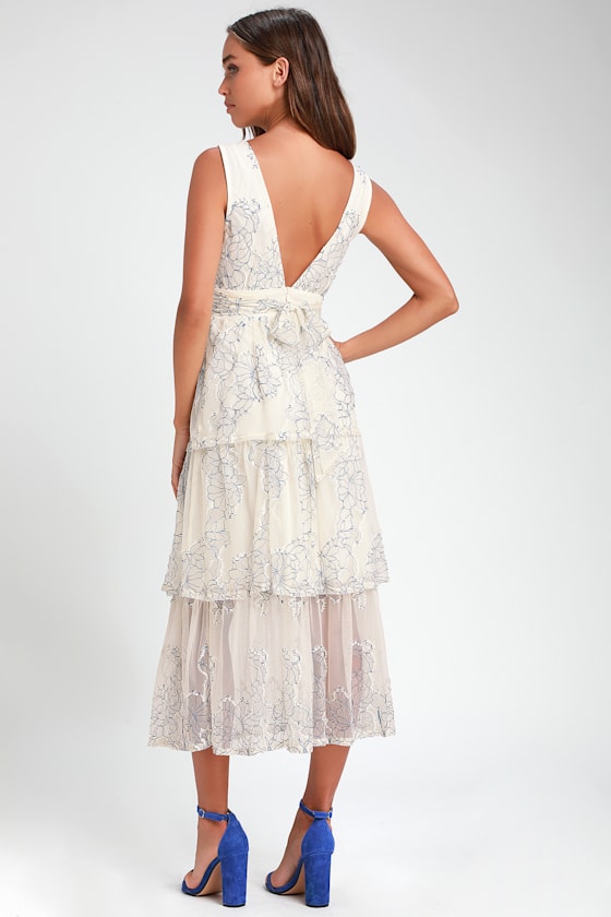 Viviana Blue and White Embroidered Lace Midi Dress 3