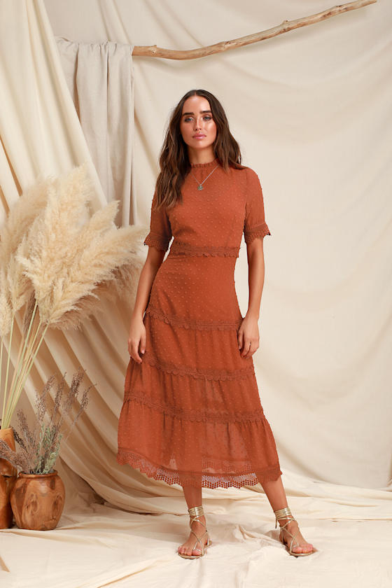 Dreaming of You Rust Orange Swiss Dot Midi Dress 5