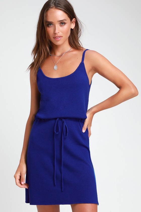 Cute Royal Blue Dress - Drawstring Knit Dress