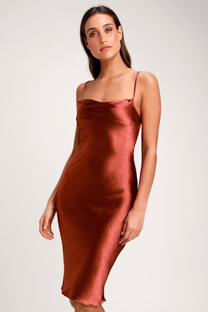 copper satin midi dress Storybook Charm Smocked Satin Midi Dress in Copper