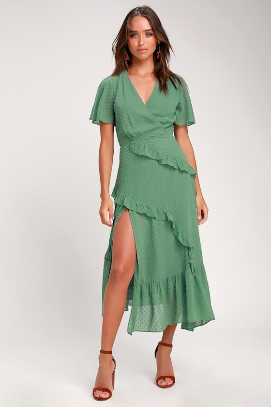 Lovely Sage Green Dress Ruffled Midi Dress Swiss Dot Dress Lulus