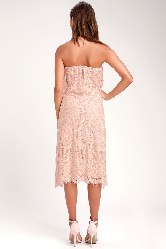 Lovely Blush Pink Dress - Lace Dress - Strapless Midi Dress - Lulus