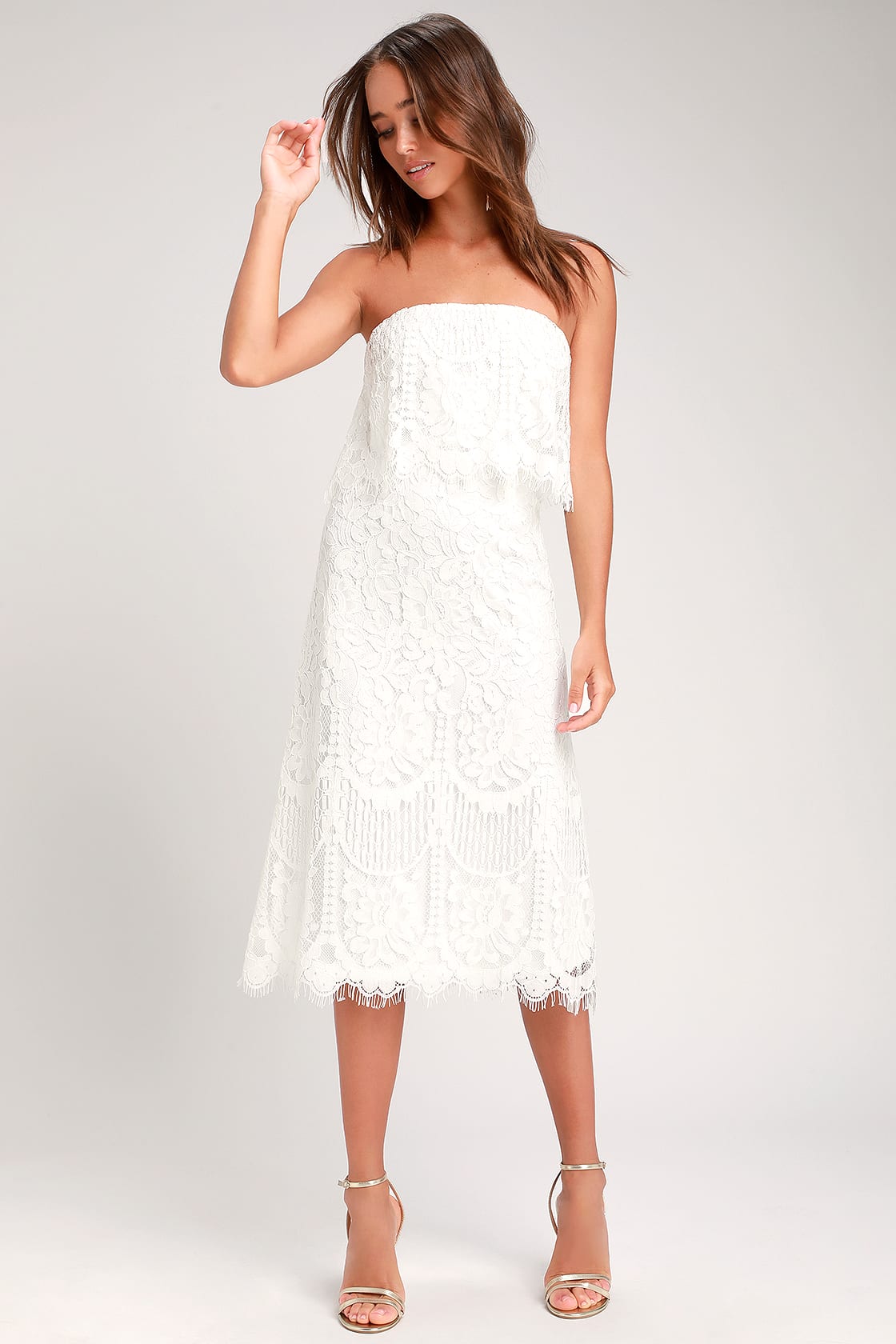 Delia White Lace Strapless Midi Dress