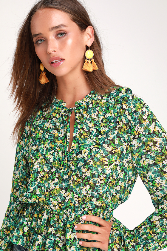 Solidago Green Floral Print Long Sleeve Peplum Top