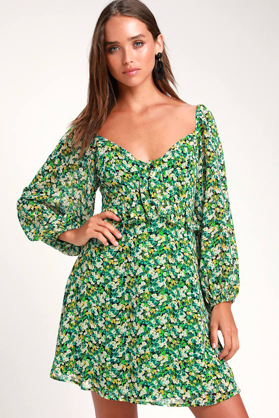 Forsythia Green Floral Print Long Sleeve Tie-Front Dress 7