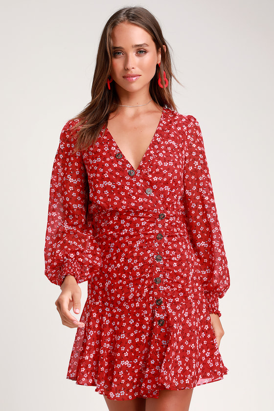 Cute Red Floral Print Dress - Long Sleeve Button-Front Dress - Lulus