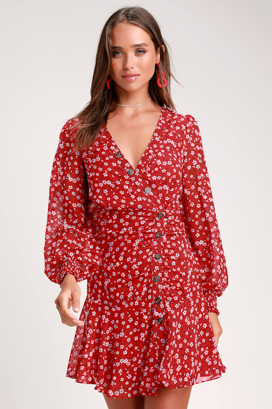 Dianella Red Floral Print Long Sleeve Dress 6