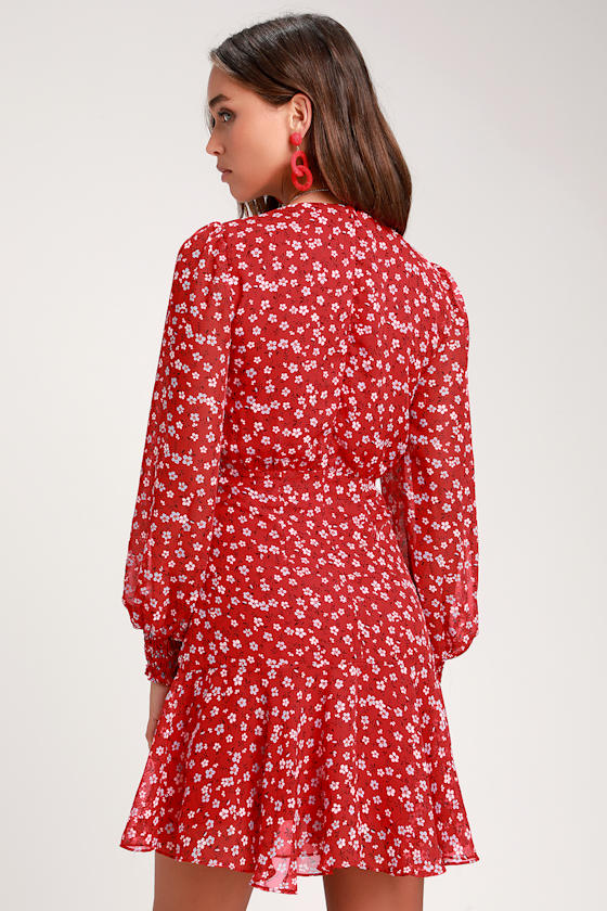 Dianella Red Floral Print Long Sleeve Dress 8