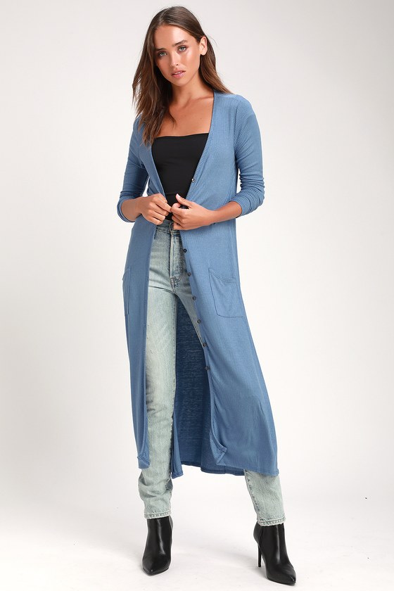 Dusty Blue Cardigan Sweater - Longline Cardigan - Ribbed Duster - Lulus