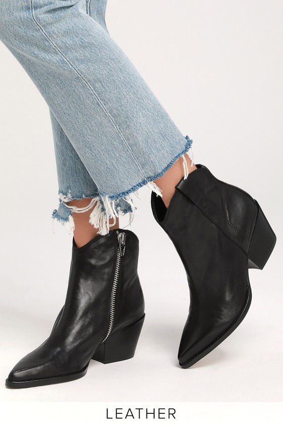 black leather pointed toe flat boots