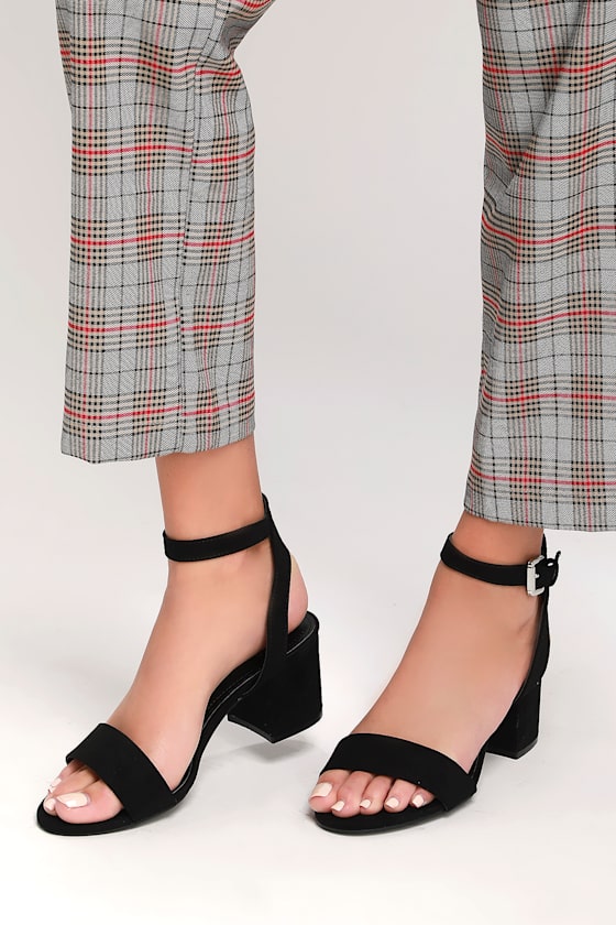 harper black suede ankle strap heels