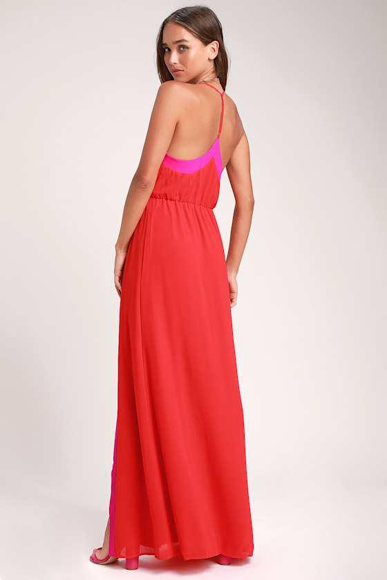 Coral Red Maxi Dress - Color Block Maxi Dress - Two-Tone Maxi