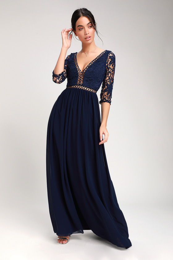 chiffon overlay navy three quarter sleeve lace dress