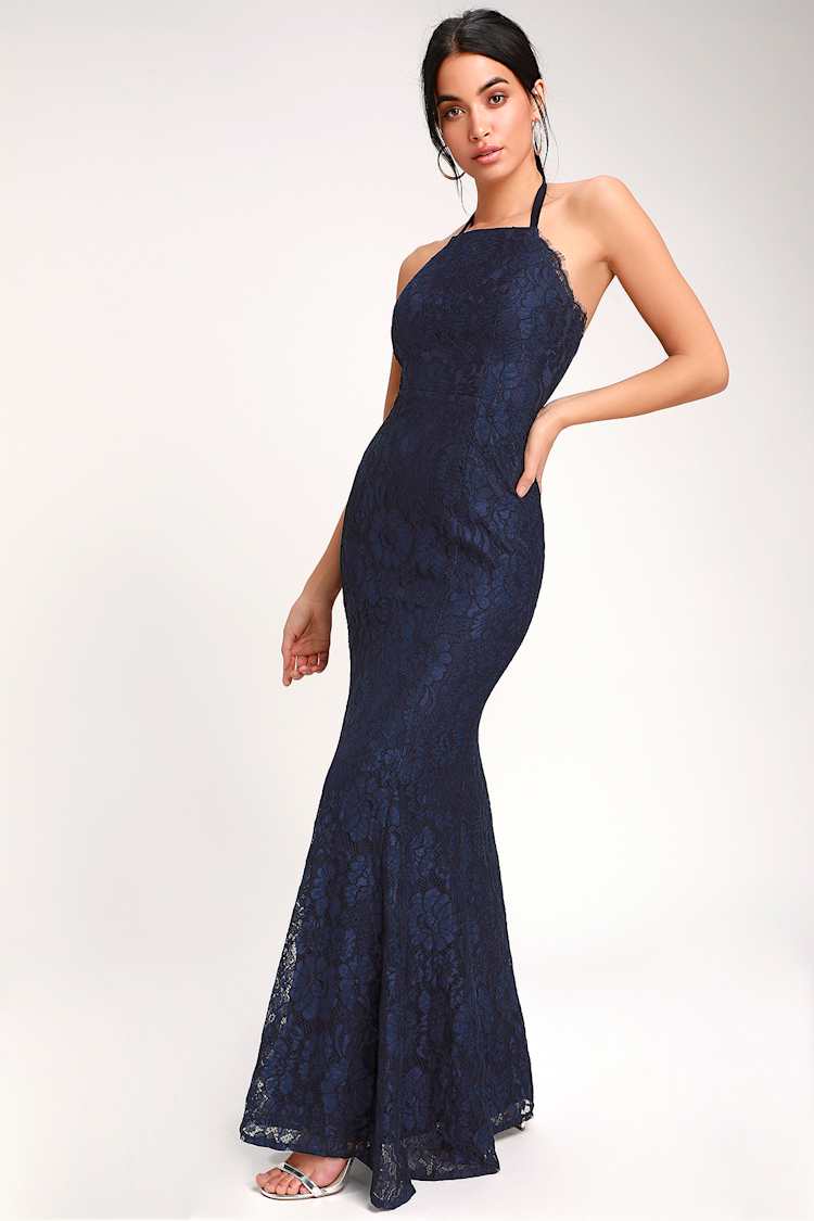 Every Memory Navy Blue Lace Halter Maxi Dress