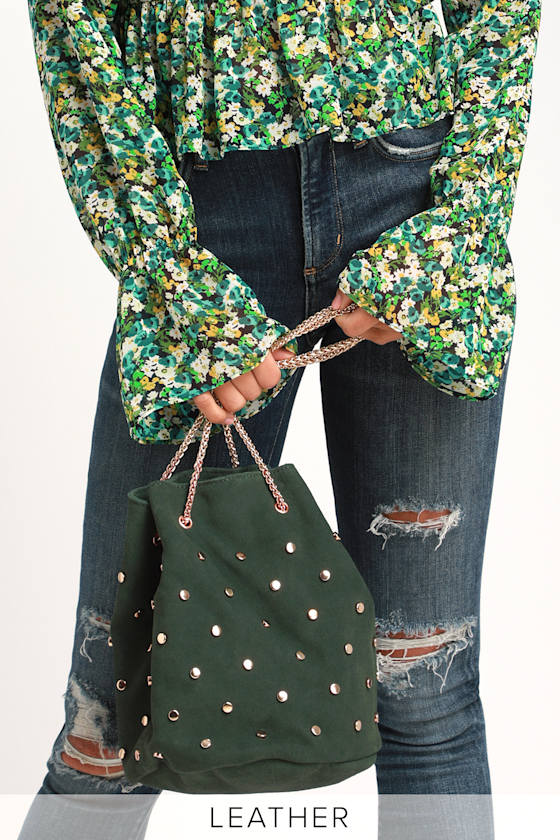 Cute Bucket Bag Leather Purse Olive Green Purse Studded Bag Lulus