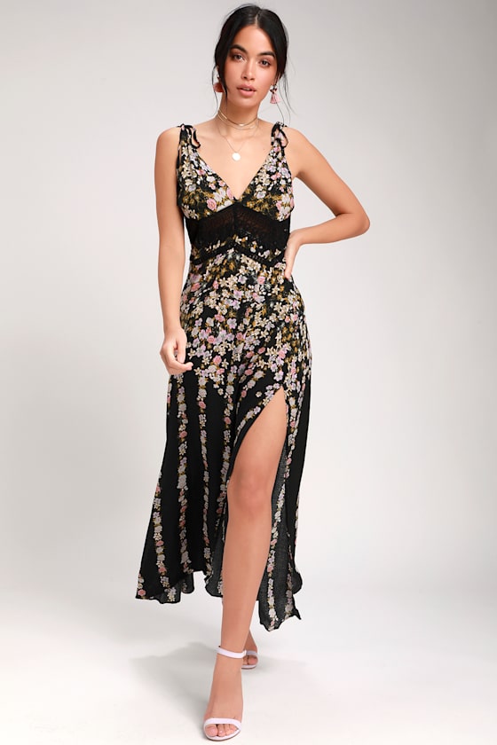 Claire Black Floral Print Tie-Strap Maxi Dress 1