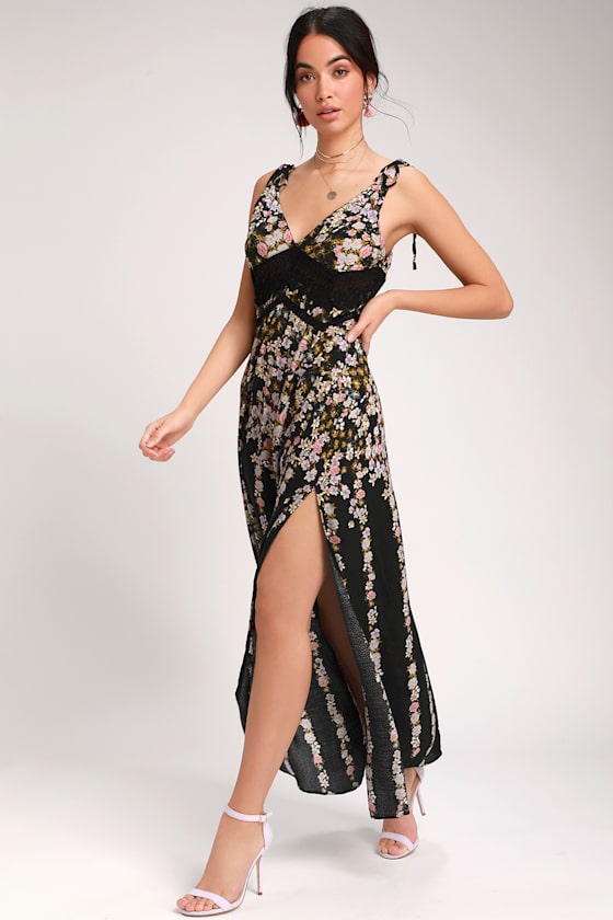 Claire Black Floral Print Tie-Strap Maxi Dress 6