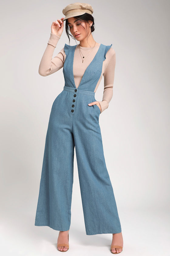 LUSH Light Wash Denim Overalls Denim WideLeg Overalls Lulus