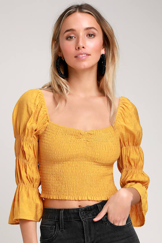 Mustard Yellow Crop Top Smocked Crop Top Puff Sleeve Crop Top Lulus