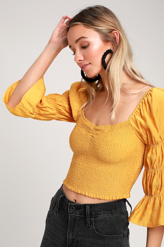 Savia Mustard Yellow Smocked Puff Sleeve Crop Top 2