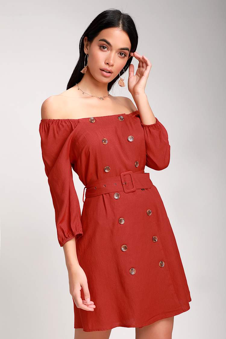 red off the shoulder button down dress Cute Rust Red Dress - Button Front Dress - Button Front Dress
