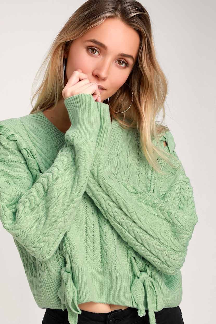Cropped Mint Green Sweater - Lace-Up Sweater - Cable Knit Sweater - Lulus