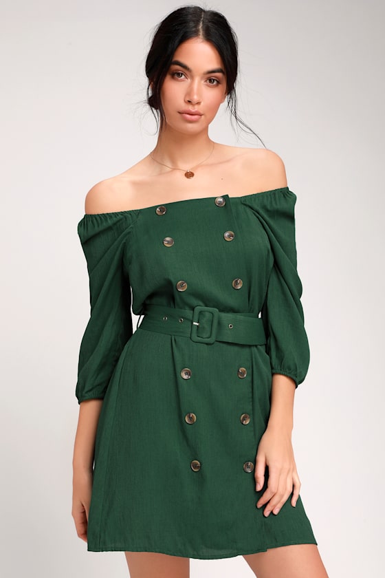 Fell In Love Forest Green Button Front Off-the-Shoulder Dress 8