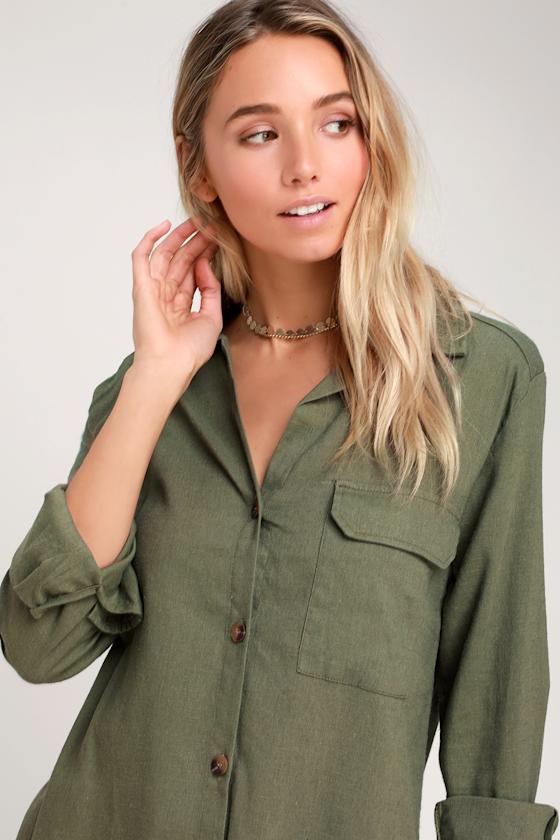 Merriment Olive Green Long Sleeve Button-Up Top 1