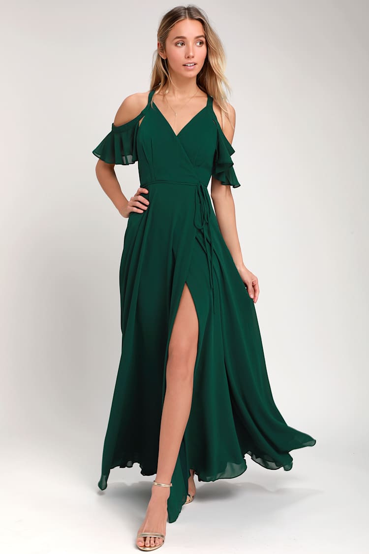 Forest Green OTS Dress - Maxi Wrap Dress - Cold-Shoulder Dress - Lulus