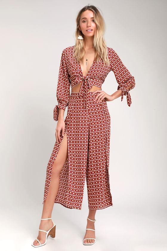 Loyal Friend Rust Red Print Tie-Front Crop Top 1