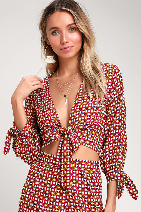 Loyal Friend Rust Red Print Tie-Front Crop Top 2