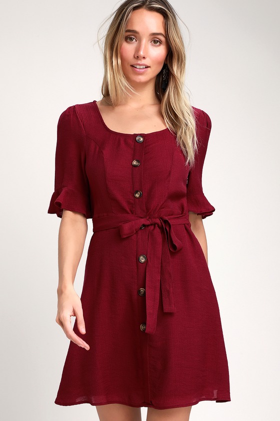 Cute Burgundy Dress - Mini Dress - Flounce Sleeve Dress - Lulus