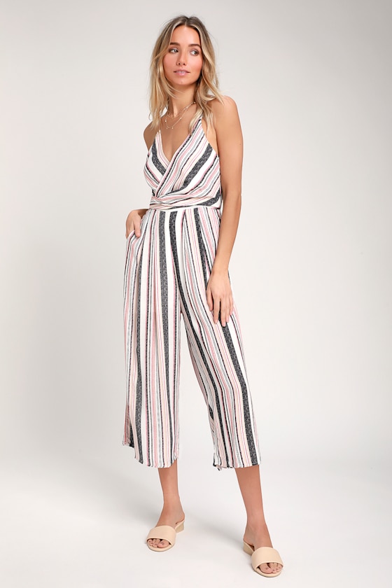 Cute White Multi Striped Jumpsuit Culotte Jumpsuit Jumpsuit Lulus