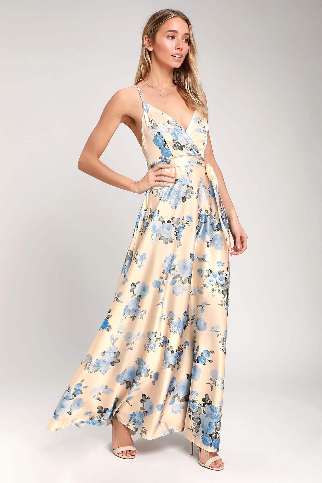 Champagne Satin Floral Print Maxi Dress for Beach Wedding and Wedding in Greece