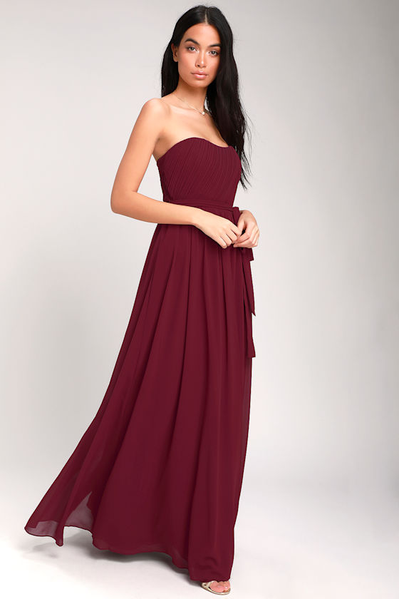 Burgundy Satin Strapless Fitted Maxi Dress