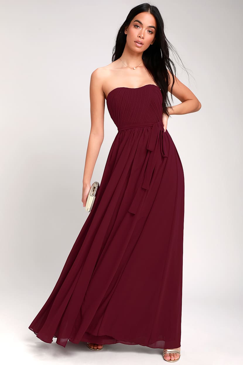 Glam Burgundy Dress - Strapless Maxi Dress - Chiffon Maxi Dress - Lulus Glam Burgundy Dress - Strapless Maxi Dress - Chiffon Maxi Dress - Lulus
