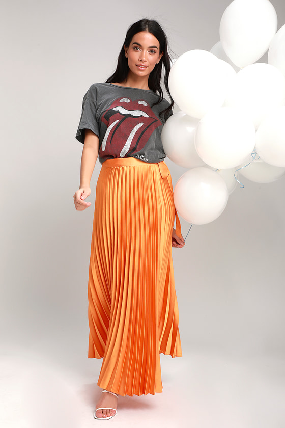 Orange Wrap Skirt - Pleated Maxi Wrap 