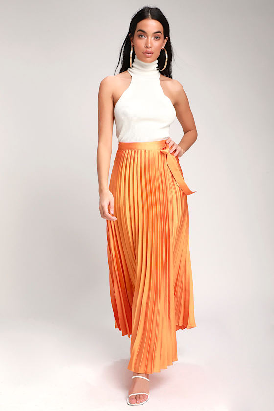 Make A Scene Orange Pleated Satin Maxi Wrap Skirt 7