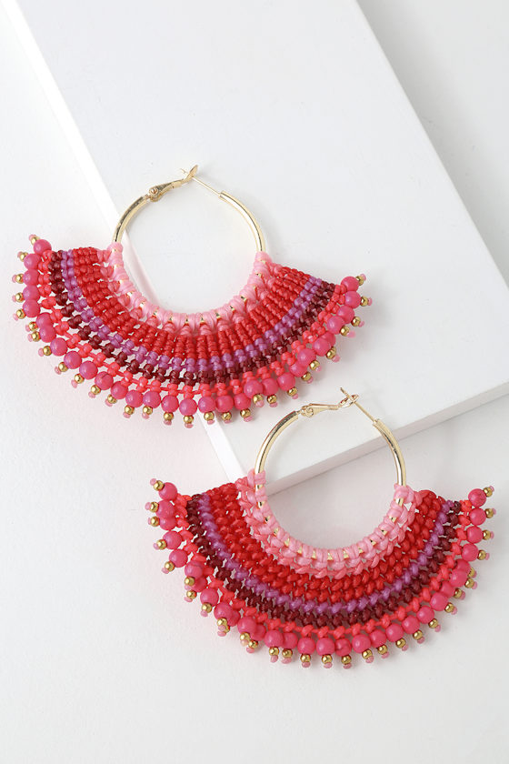 Catrine Fuchsia Beaded Hoop Earrings 1