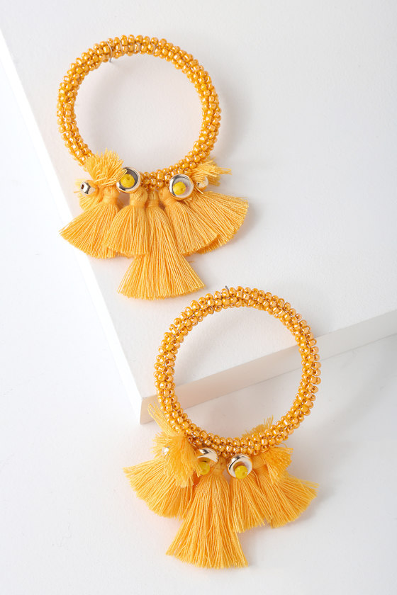 Oaklee Golden Yellow Beaded Tassel Hoop Earrings 1