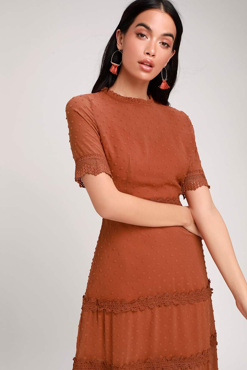 dreaming of you rust orange swiss dot midi dress Pretty Mauve Purple Dress - Swiss Dot Dress - Lace Midi Dress