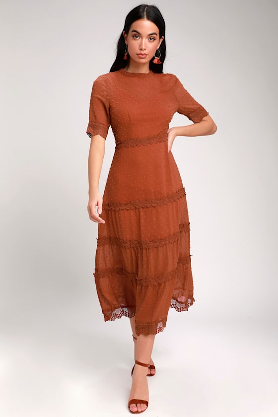Dreaming of You Rust Orange Swiss Dot Midi Dress 6