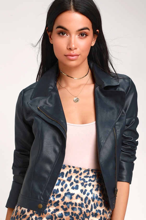 Chic Navy Blue Moto Jacket - Vegan Leather Moto Jacket - Jacket - Lulus