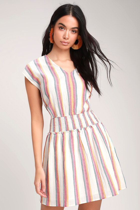 Bungalow Cream Multi Striped Mini Dress