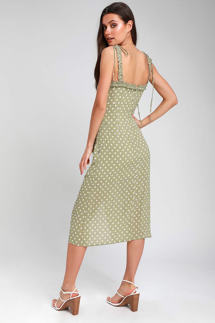 Cute Sage Green Polka Dot Dress - Midi Dress - Ruched Dress - Lulus