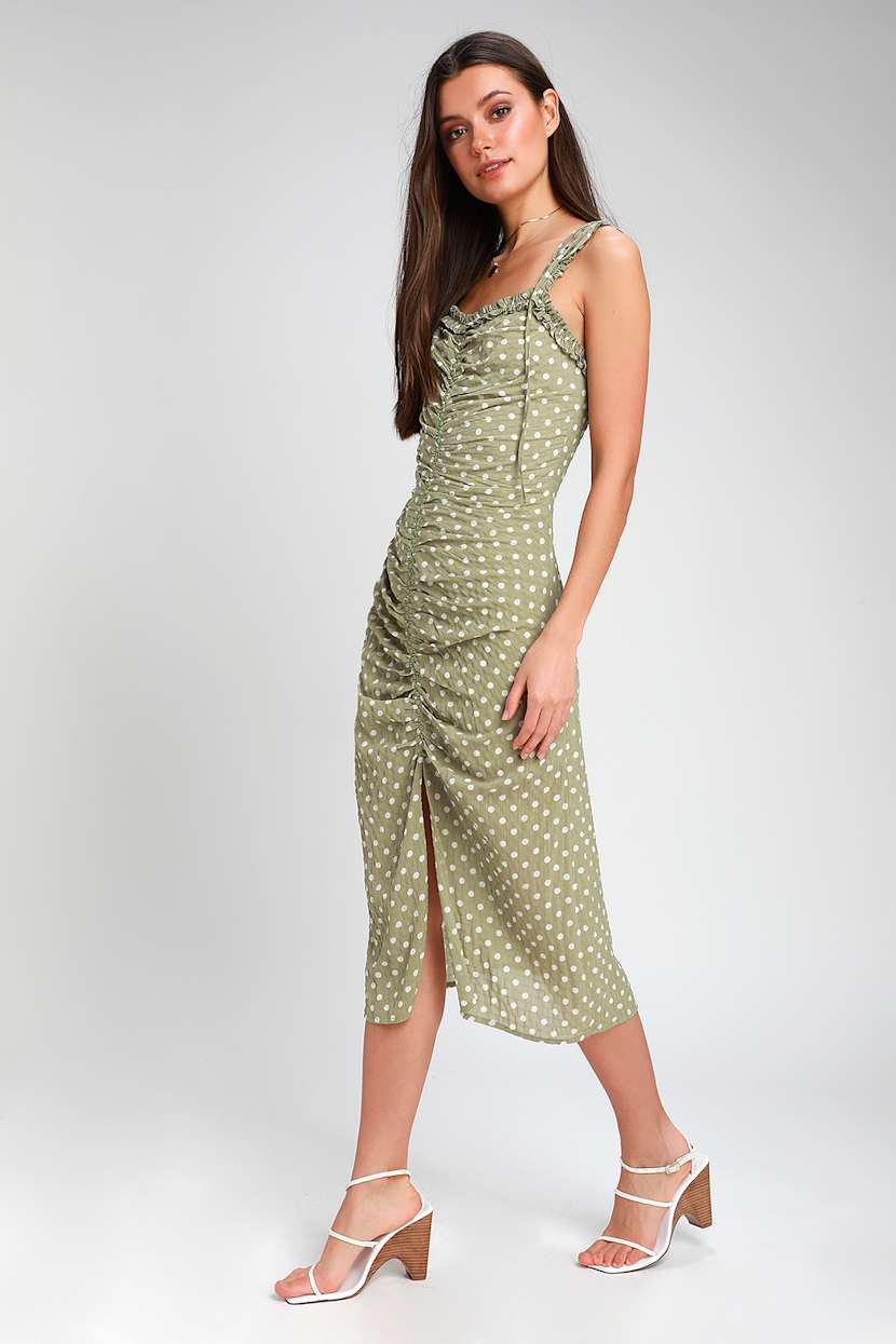 sage green polka dot draped underwire detail midi dress Cute - Dress - Ruched Dress luxury flapper dress