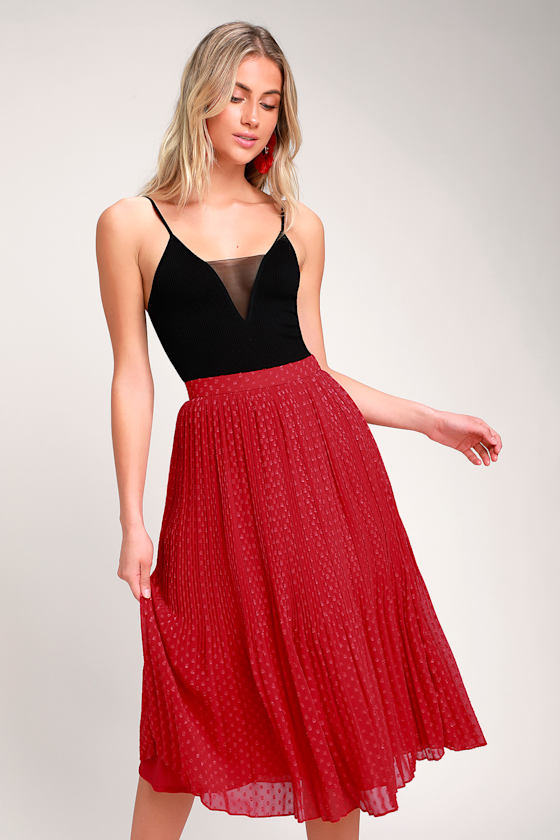 Lovely Red Midi Skirt Pleated Skirt Pleated Swiss Dot Skirt Lulus